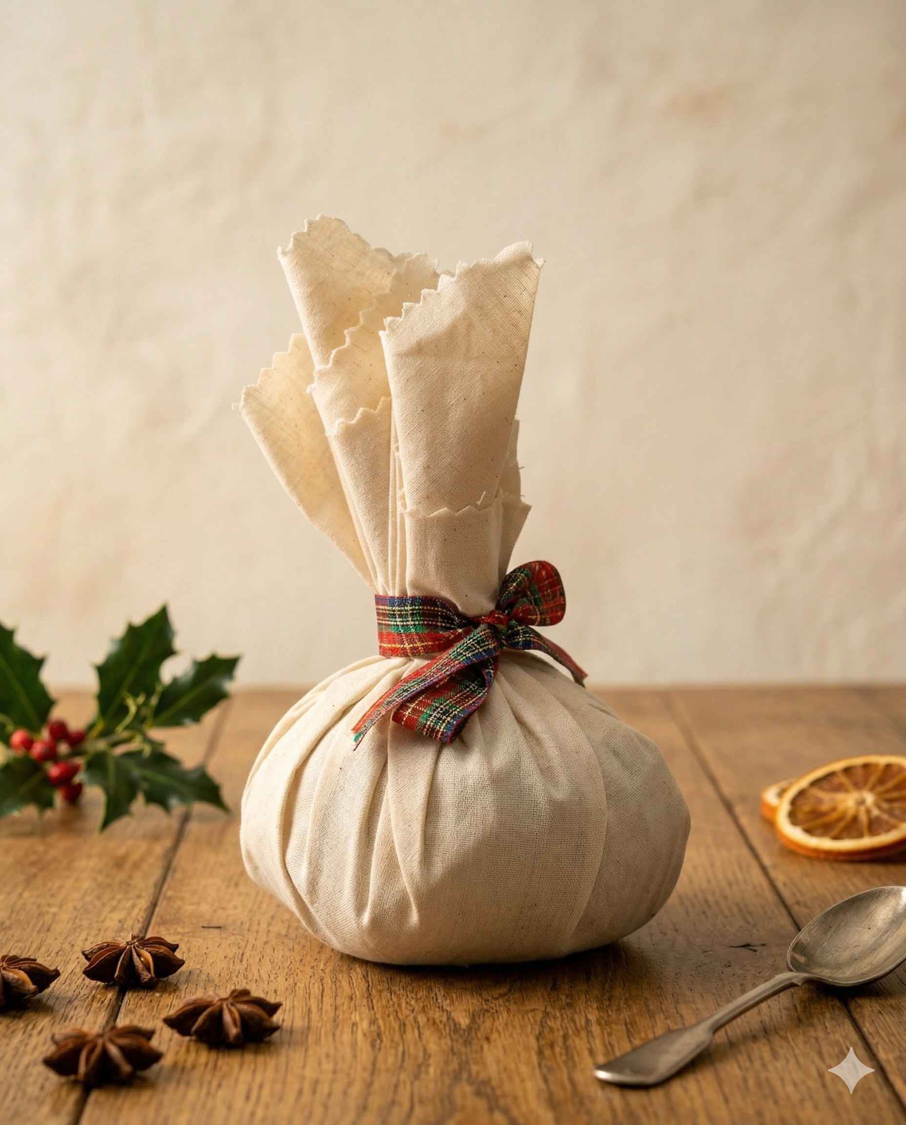 A Traditional Christmas Pudding by Pudding Lady, wrapped in cream cloth and tied with a tartan ribbon, sits on a wooden table with holly leaves, star anise, a dried orange slice and a spoon for a festive touch.