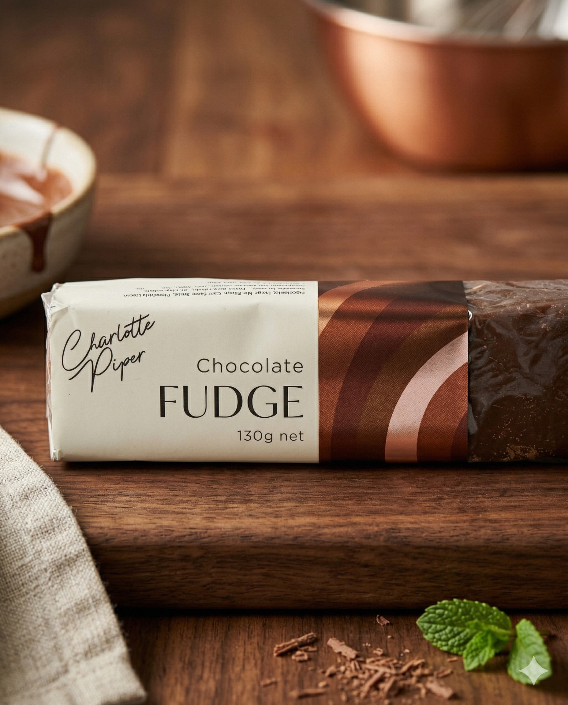 Charlotte Piper Chocolate Fudge, in a brown and cream label, rests on a wooden board with chocolate shavings and a mint sprig. A bowl and copper pot appear in the background.