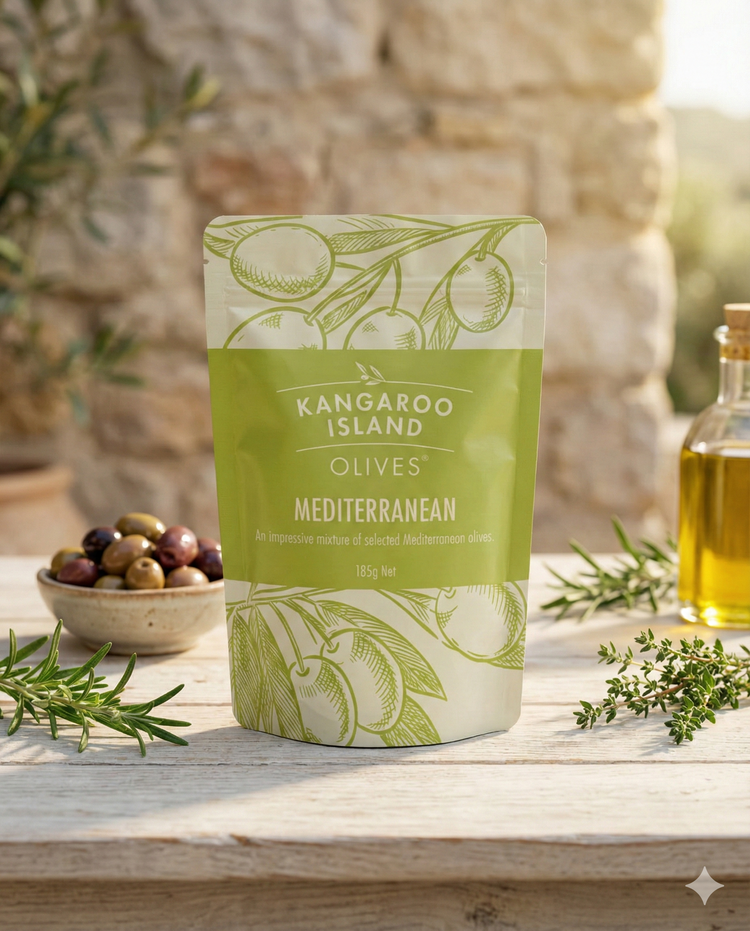 A pouch of Kangaroo Island Olives Mediterranean sits on a rustic table beside a bowl of mixed olives, fresh rosemary, and olive oil in a sunlit outdoor scene.