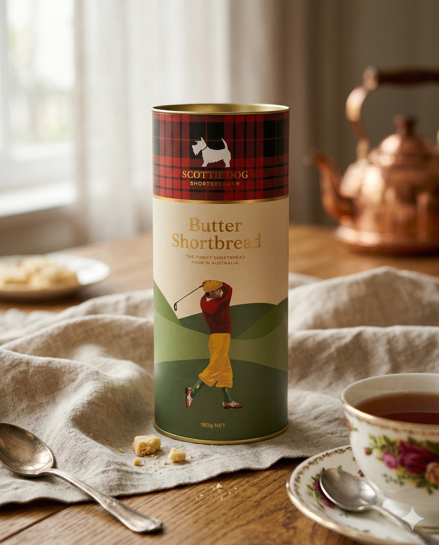 A Scottie Dog Butter Shortbread tin with a golfer illustration and red tartan lid rests on a table alongside a floral teacup, saucer, crumbs, and a copper teapot in the background.