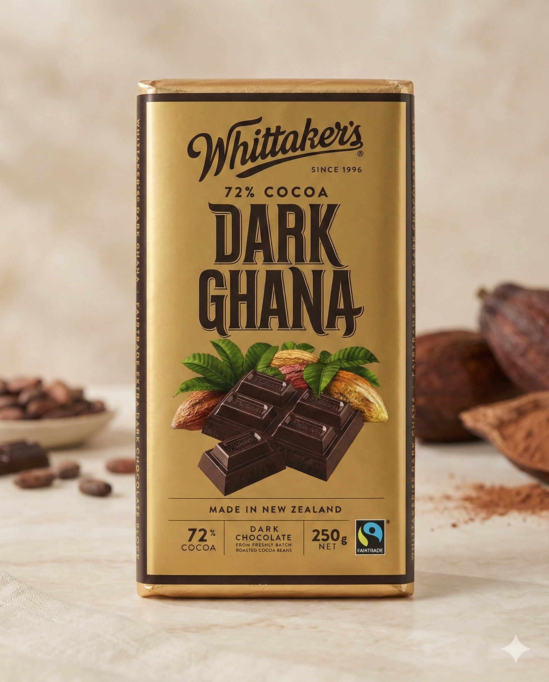 A Whittaker Dark Ghana 72% Cocoa bar stands upright in gold packaging, featuring images of dark chocolate pieces, cocoa beans, and leaves, with blurred cocoa beans and powder in the background.