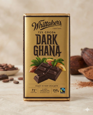 A Whittaker Dark Ghana 72% Cocoa bar stands upright in gold packaging, featuring images of dark chocolate pieces, cocoa beans, and leaves, with blurred cocoa beans and powder in the background.