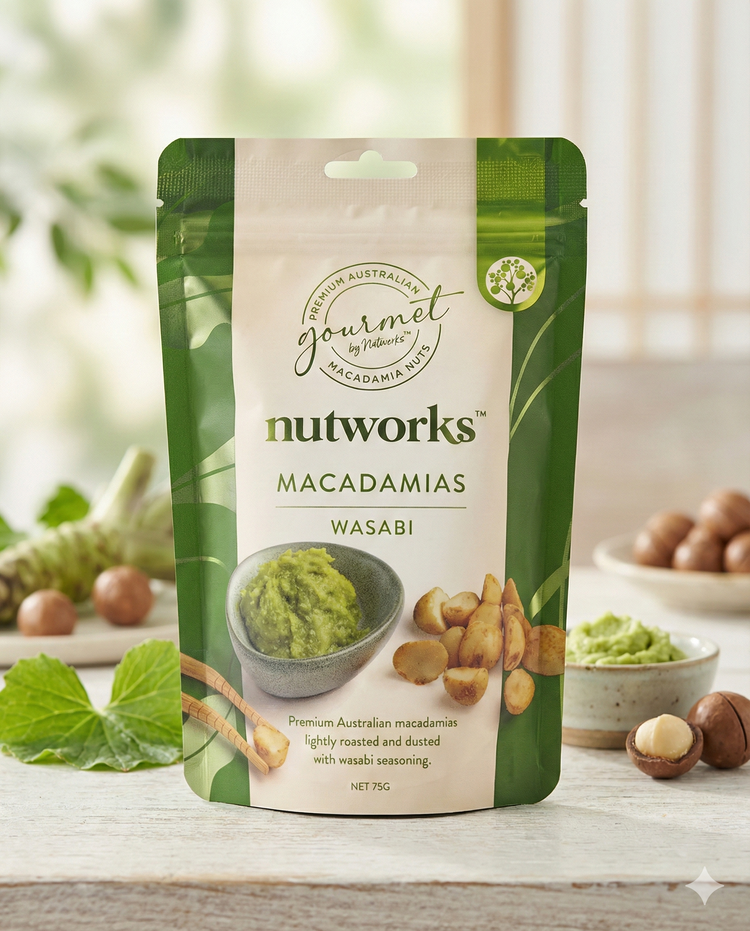A pouch of Nutworks Wasabi Macadamias sits on a table with fresh macadamia nuts, wasabi paste, mint leaves, and a bowl around it, set against a soft natural background.