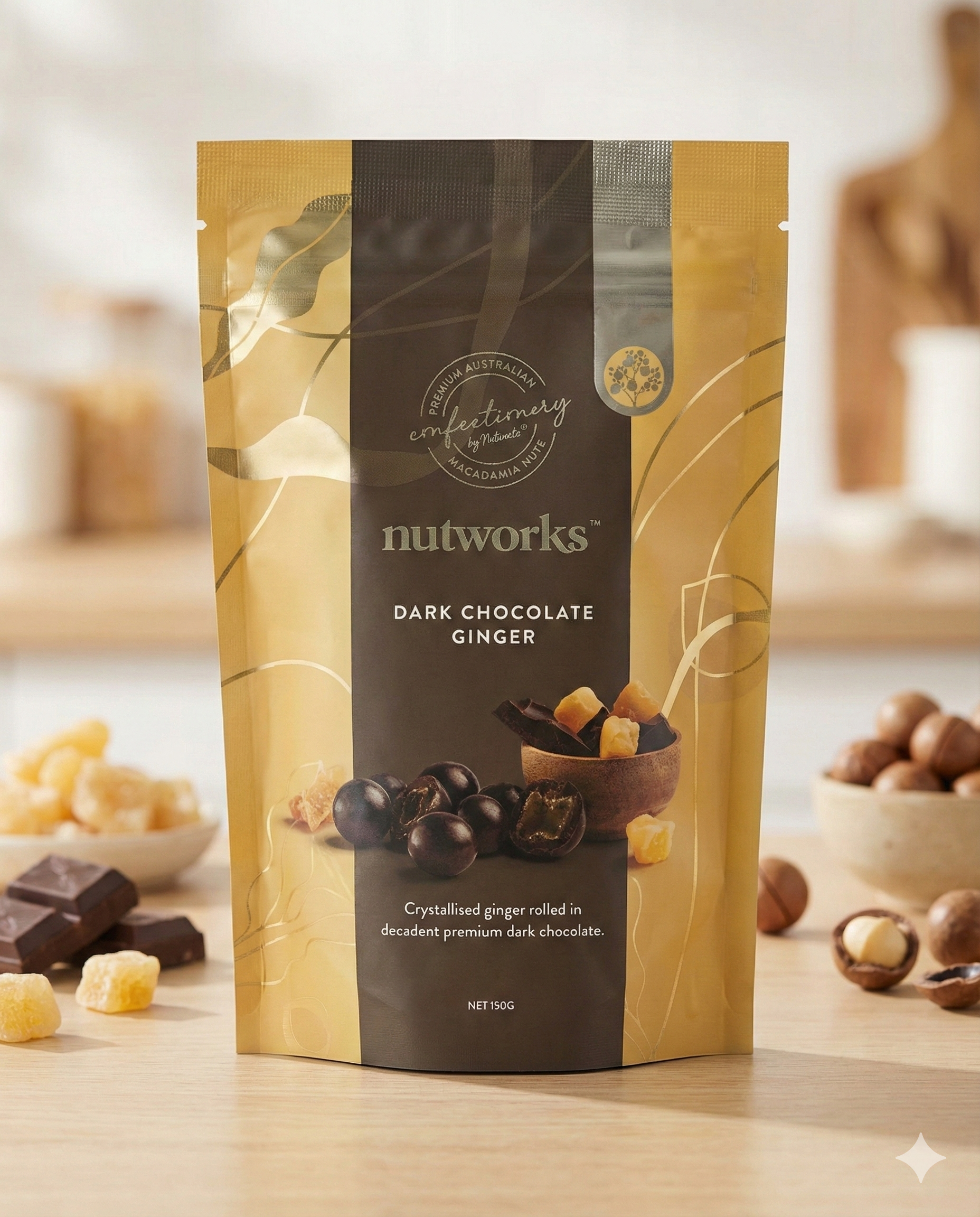 A standing pouch of Nutworks Dark Chocolate Ginger, showing chocolate pieces, crystallized ginger, and whole nuts on the packaging, is set on a light wooden surface with blurred ingredients in the background.
