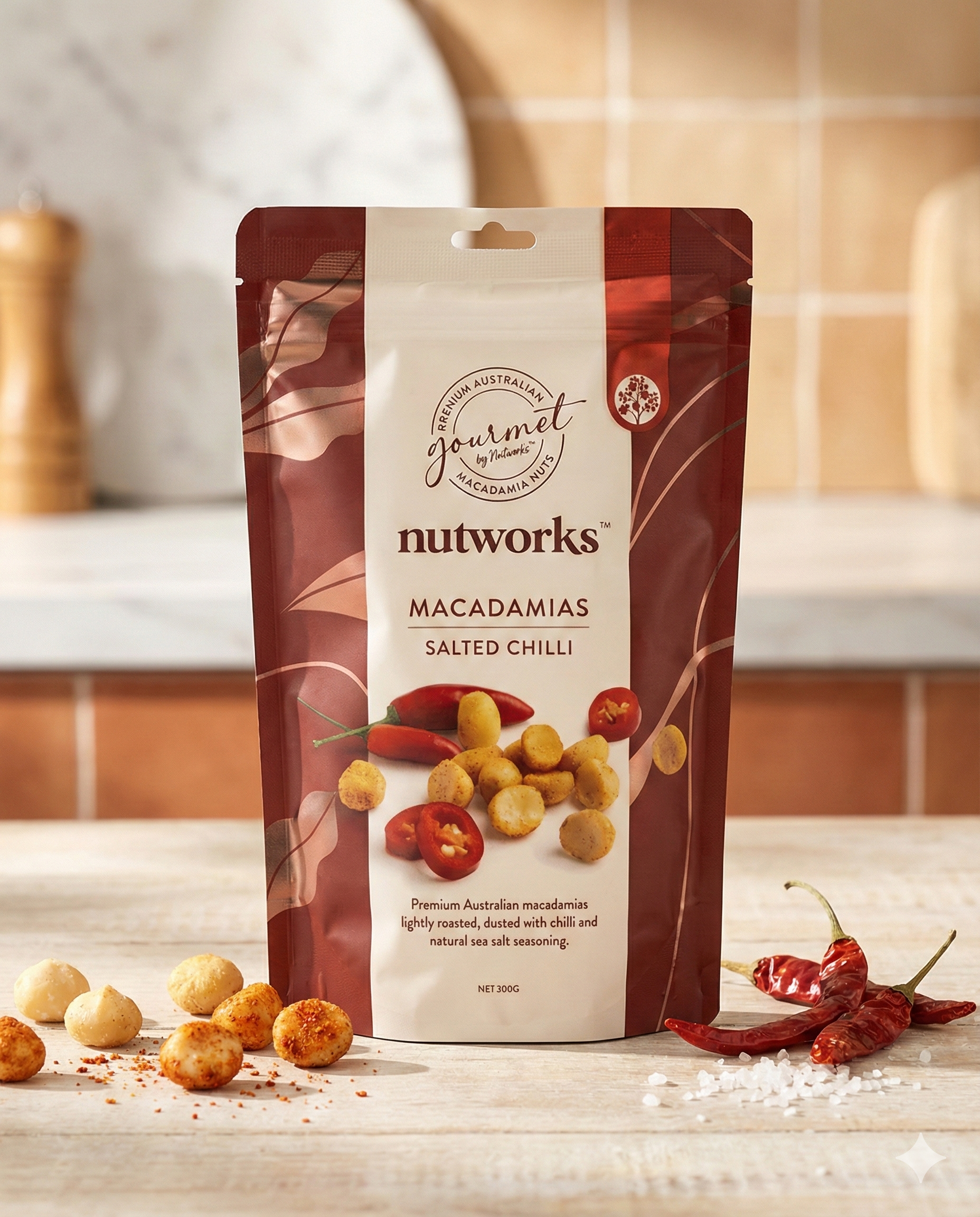 A bag of Nutworks Salted Chilli Macadamias sits on a kitchen counter, surrounded by loose macadamias, red chilli peppers, and coarse salt. The packaging shows images of chilli peppers and macadamia nuts.