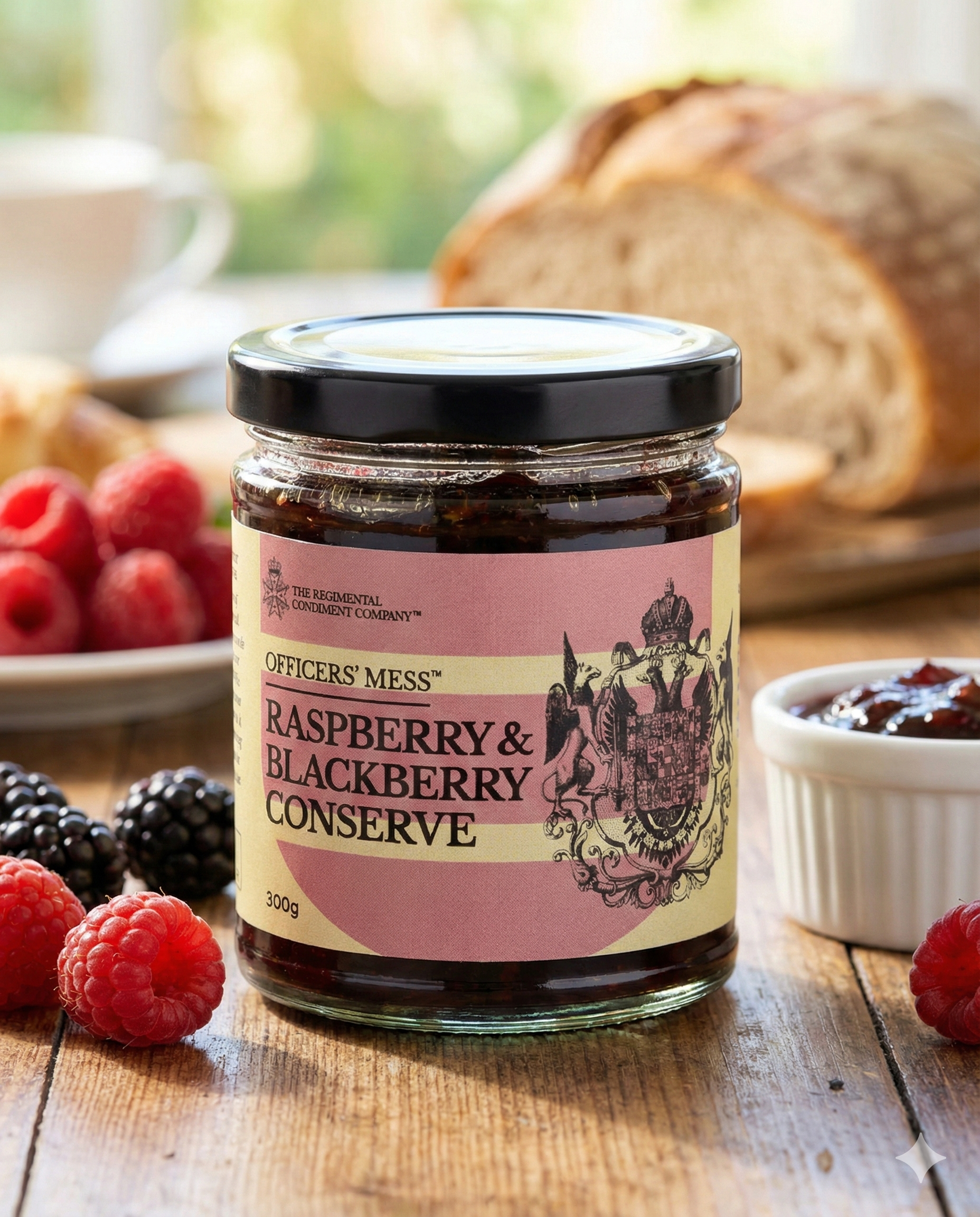 A jar of The Regimental Condiment Company's Raspberry and Blackberry Conserve rests on a wooden table, surrounded by fresh raspberries, blackberries, a slice of bread, and a small dish of jam, with blurred bread and fruit in the background.
