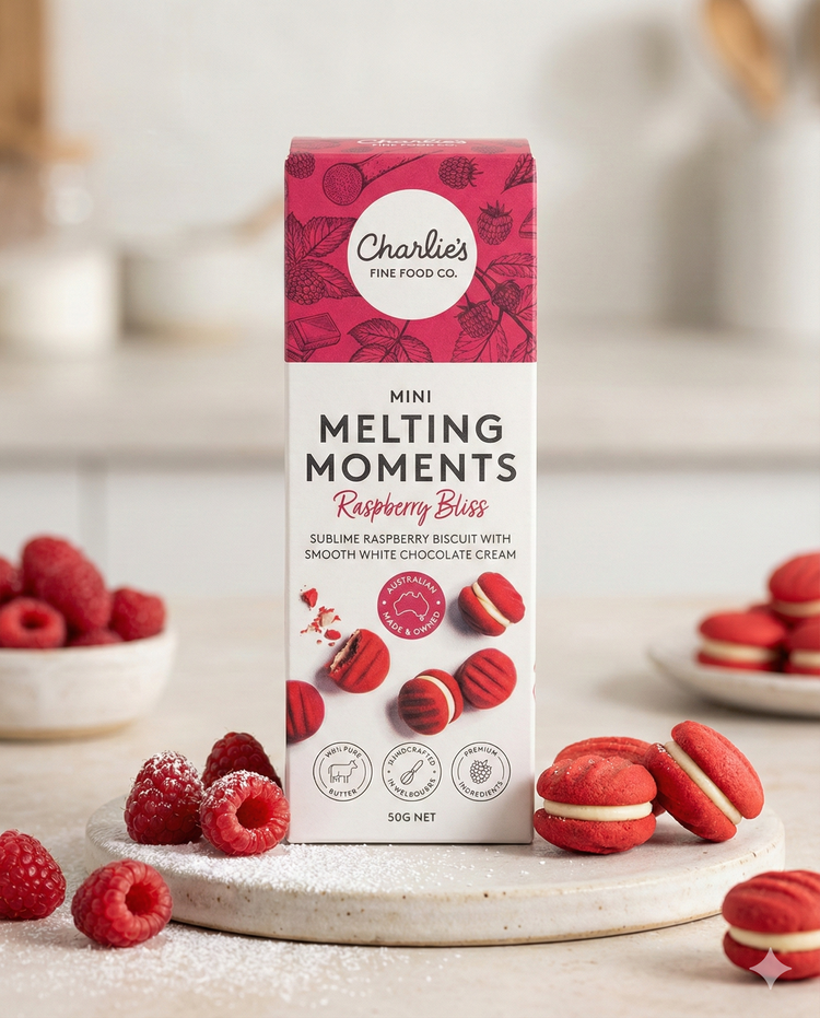 Charlie's Raspberry Bliss Mini Melting Moments Biscuits are shown on a white surface, surrounded by raspberry-filled biscuits, fresh raspberries, and some biscuits dusted with powdered sugar.