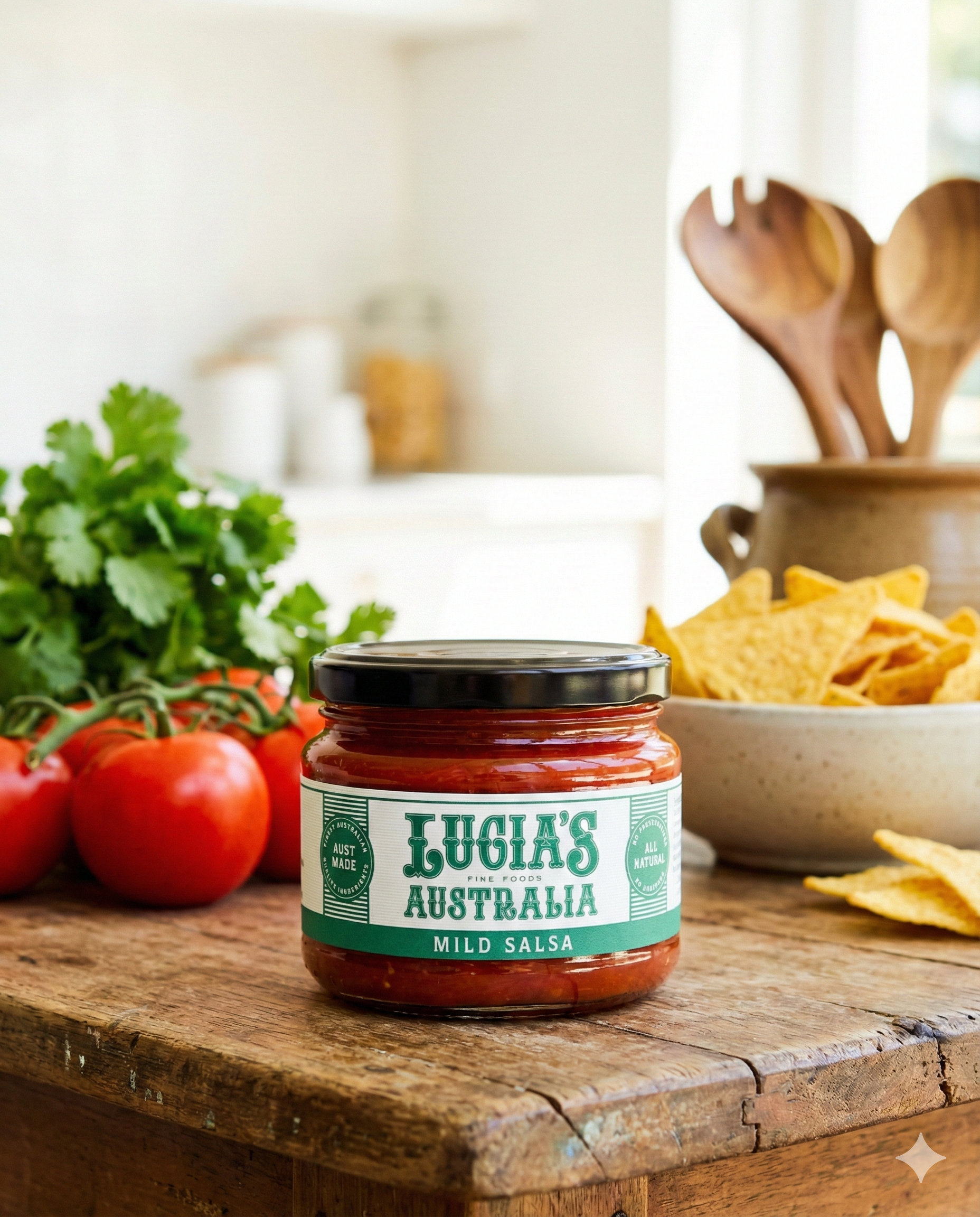 A jar of Lucia’s Mild Salsa sits on a rustic wooden table beside fresh tomatoes, cilantro, and tortilla chips, with a softly blurred kitchen in the background.