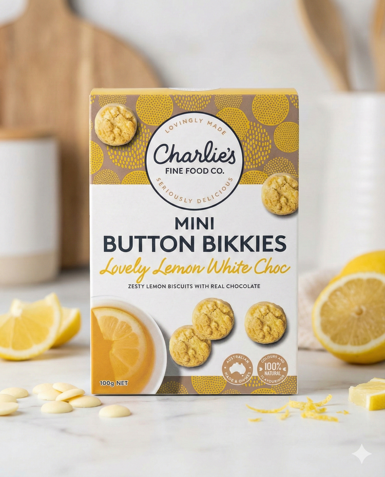 Charlie's Lovely Lemon White Choc Mini Button Bikkies are displayed on a white surface, with lemon slices, white chocolate buttons, and baking utensils in the background.