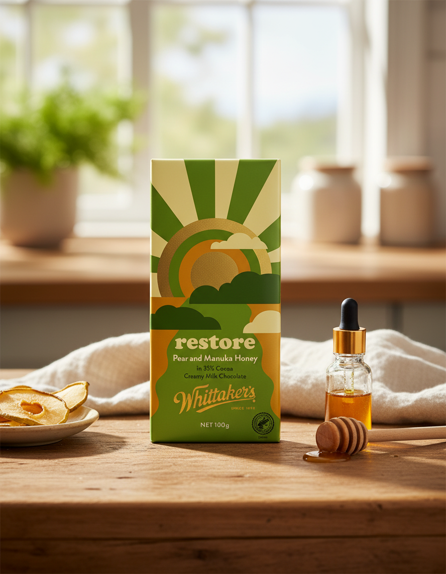 A box of Whittaker Nelson Pear and Manuka Honey chocolate sits on a wooden counter beside a dropper bottle, honey dipper, and sliced pear, all set against a sunlit kitchen backdrop.