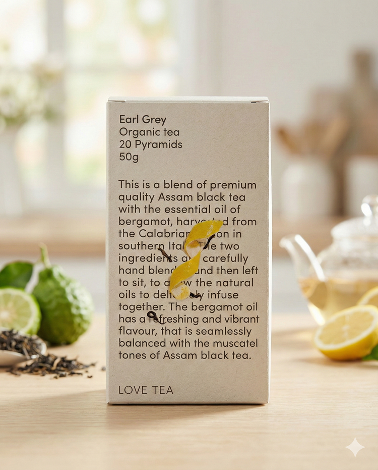 A box of Love Tea's Earl Grey sits on a table with loose tea leaves, a sliced lemon, a teaspoon of tea, and fresh herbs. The box details the Earl Grey blend and its ingredients.