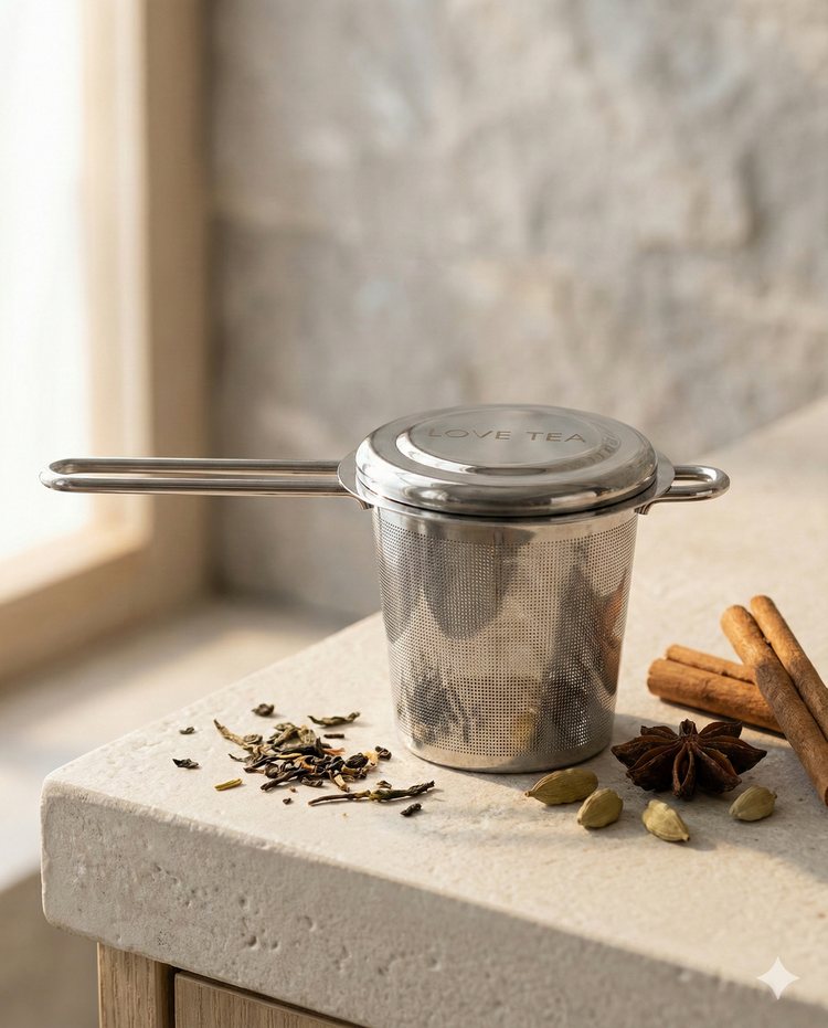 The Love Tea Chai Infuser by Love Tea, with its stainless steel lid, rests on a kitchen counter amid loose leaf chai tea, cinnamon sticks, star anise, and cardamom pods as sunlight streams through a window.