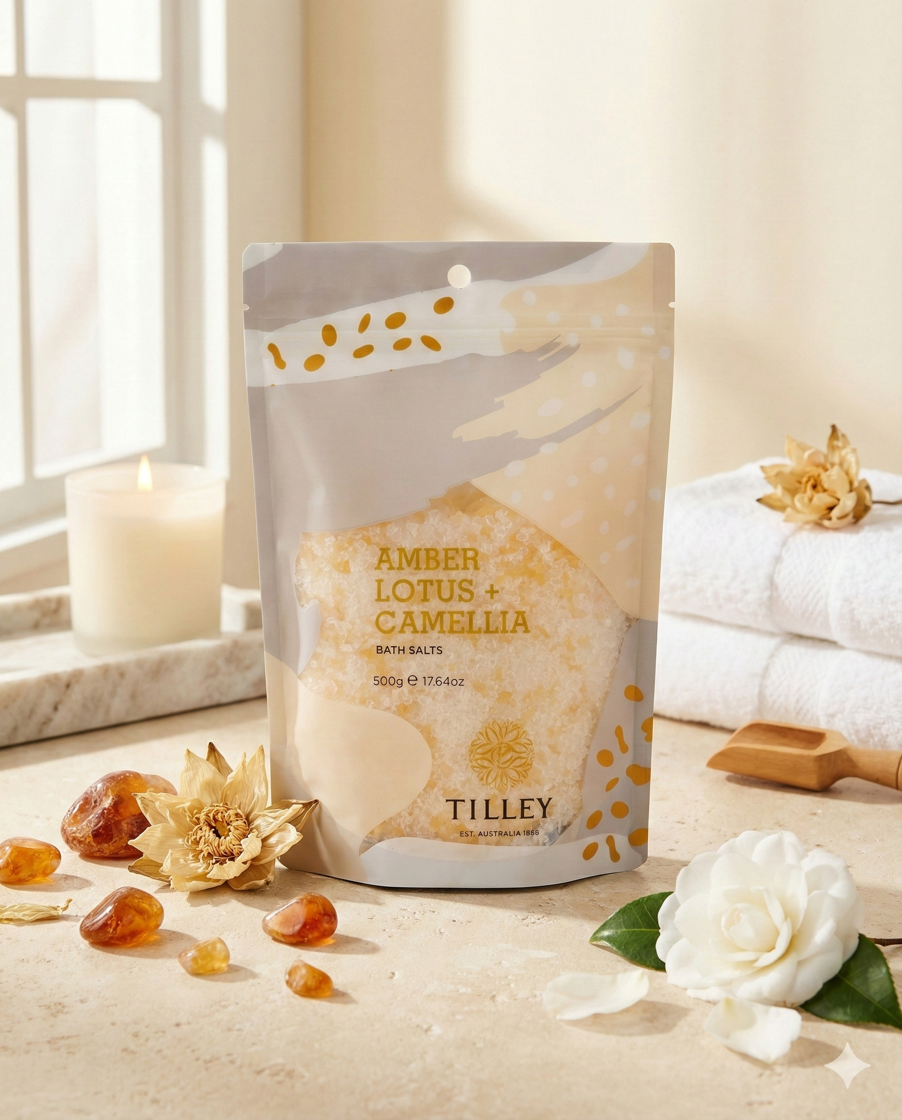 A pouch of Tilley LE Amber, Lotus and Camelia Bath Salts sits on a table surrounded by amber stones, a white camellia flower, a dried bloom, a lit candle, and folded towels near a sunlit window.