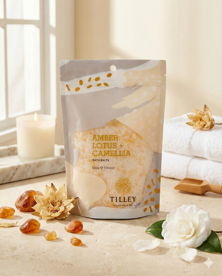 A pouch of Tilley LE Amber, Lotus and Camelia Bath Salts sits on a table surrounded by amber stones, a white camellia flower, a dried bloom, a lit candle, and folded towels near a sunlit window.