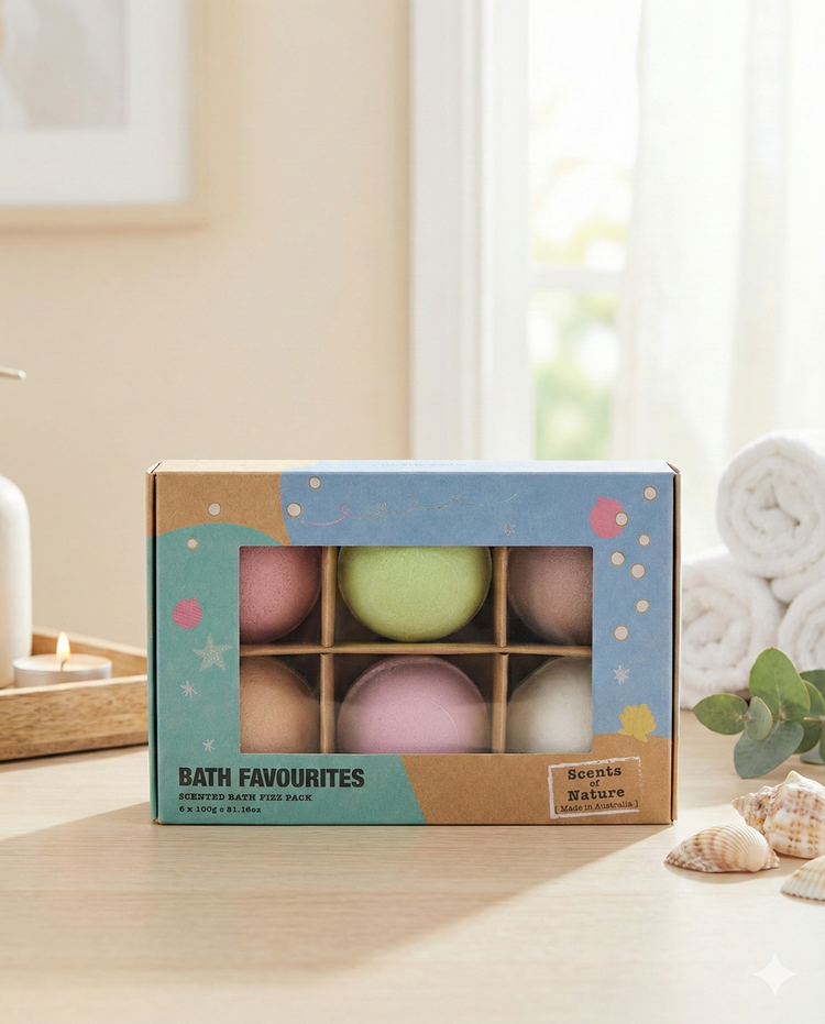 A box of six Tilley LE Bath Favourites Scented Bath Fizz Pack sits on a light wooden surface near a lit candle, stacked white towels, and a small green plant, with sunlight streaming in through the window behind.