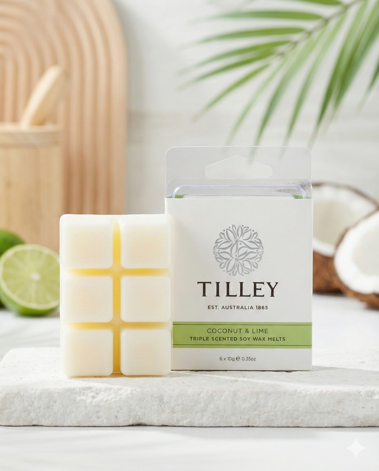 A box of Tilley Coconut and Lime Square Soy Melts sits beside an unwrapped soy melt bar, with fresh lime, coconut, and palm leaves in the background on a white surface.