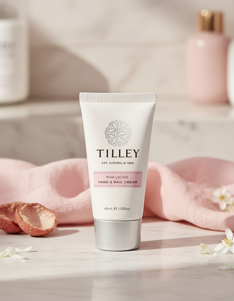 A tube of Tilley Pink Lychee Deluxe Hand and Nail Cream rests on marble with a pink cloth, lychee fruit, white flowers, and softly lit blurred bottles in the background.