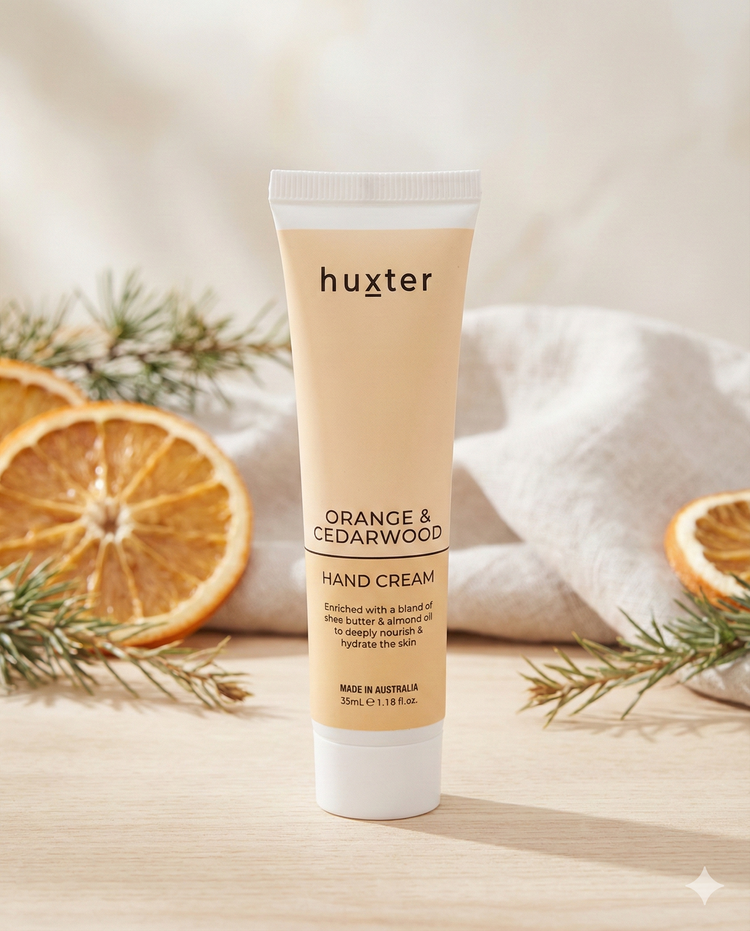 A tube of Huxter Orange and Cedarwood Hand Cream stands upright on a light wood surface, surrounded by dried orange slices and cedar sprigs, with a soft beige cloth in the background.