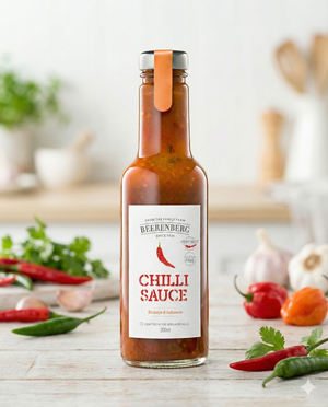 A Beerenberg Chilli Sauce bottle rests on a white wooden surface, surrounded by fresh chilies, garlic, cilantro, and kitchenware with a bright, softly blurred background.