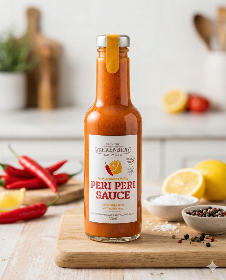 A bottle of Beerenberg Peri Peri Sauce sits on a wooden board, surrounded by fresh red chilies, sliced lemons, salt, peppercorns, and a bowl of sugar on a kitchen counter.
