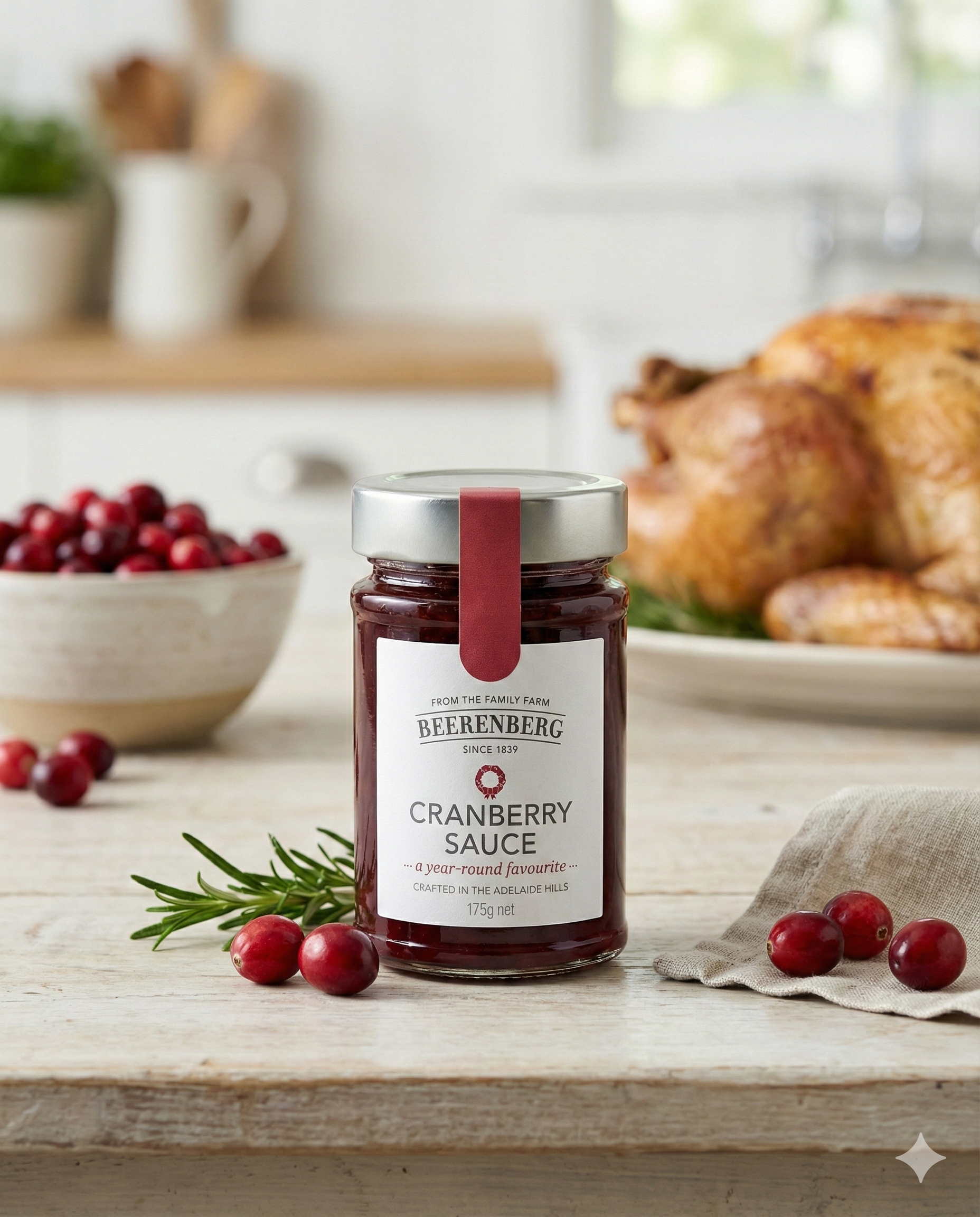 A jar of Beerenberg Cranberry Sauce sits on a kitchen counter, surrounded by fresh cranberries and rosemary, with a bowl of cranberries and roasted turkey blurred in the background.