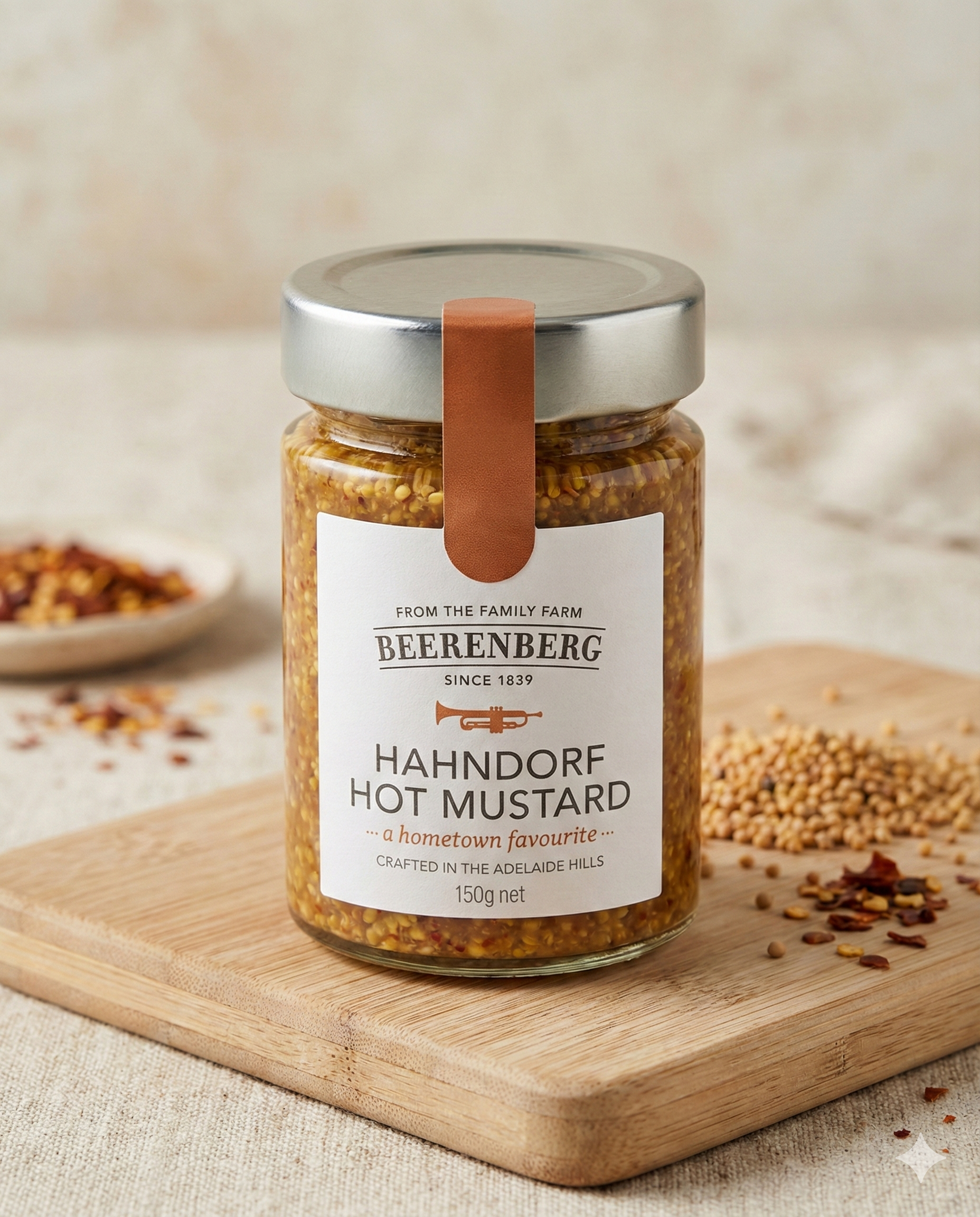 A jar of Beerenberg Hahndorf Hot Mustard with a silver lid and brown leather strap on the label is placed on a wooden board, surrounded by mustard seeds and chili flakes against a neutral background.