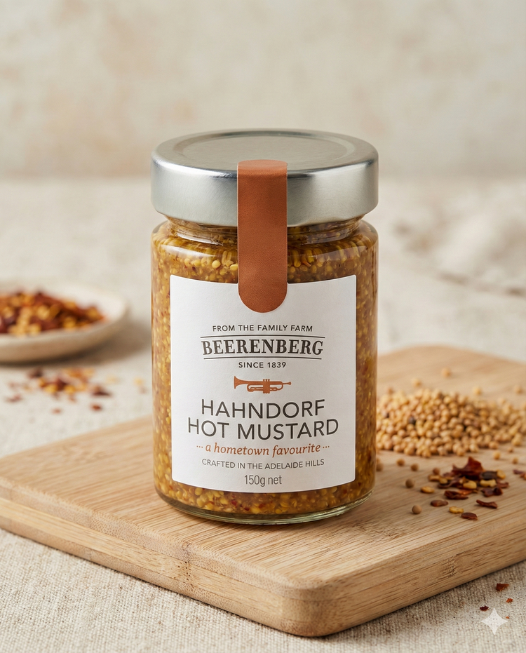 A jar of Beerenberg Hahndorf Hot Mustard with a silver lid and brown leather strap on the label is placed on a wooden board, surrounded by mustard seeds and chili flakes against a neutral background.