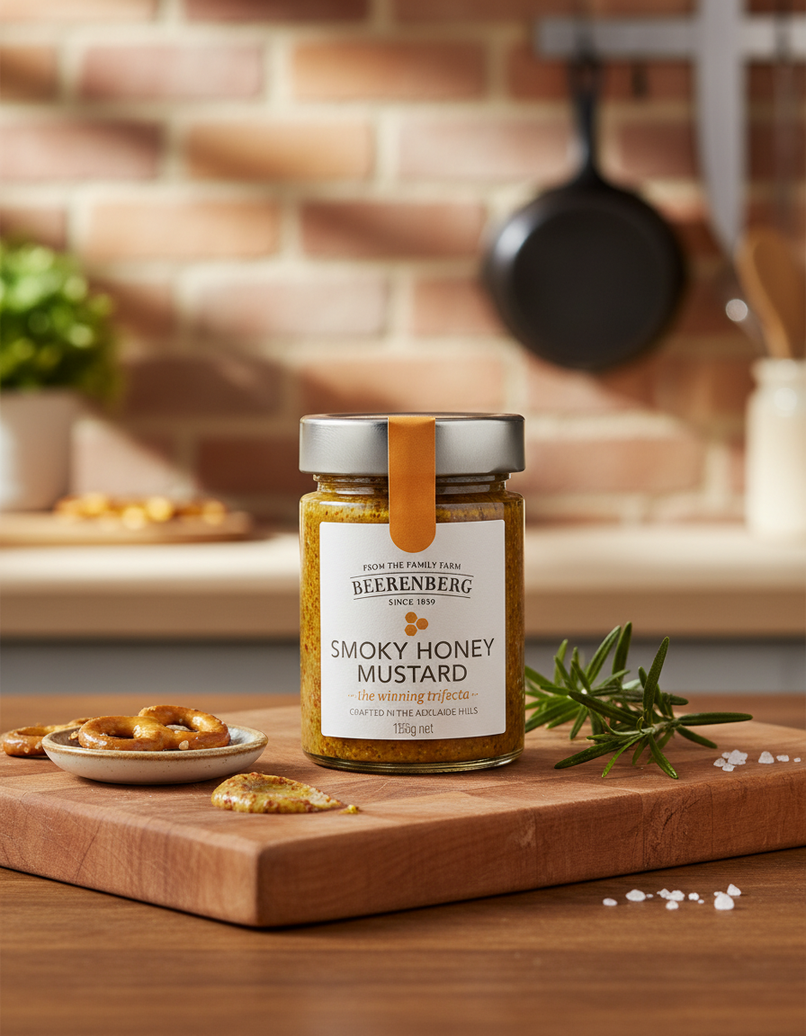 A jar of Beerenberg Smokey Honey Mustard rests on a wooden countertop, surrounded by rosemary, pretzels with mustard dip, and salt, with a blurred brick wall and kitchen utensils visible in the background.