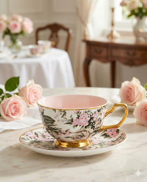 The Cristina Re Tea Cup and Saucer Belle De Fleur, with a gold handle, rests on a marble table amid pink roses, with elegant décor and more blooms softly lit in the background.