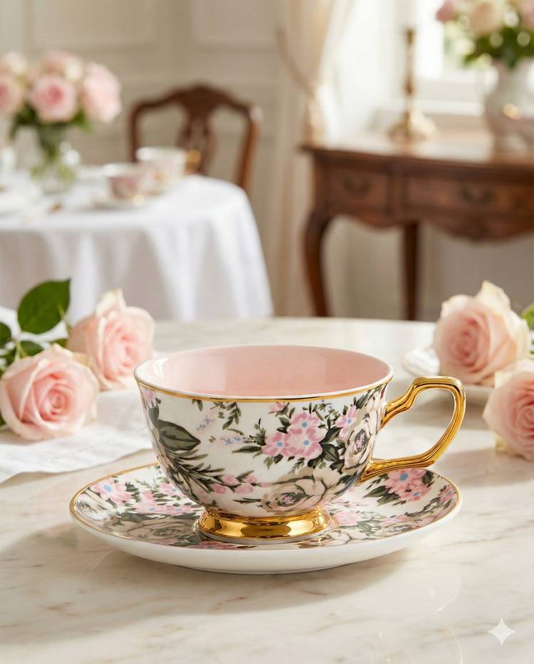 The Cristina Re Tea Cup and Saucer Belle De Fleur, with a gold handle, rests on a marble table amid pink roses, with elegant décor and more blooms softly lit in the background.