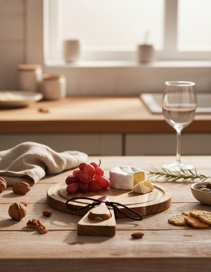 An Alex Liddy Round Board with Knife displays red grapes, sliced brie, and rosemary on a kitchen counter, surrounded by crackers, walnuts, a napkin, and an empty wine glass in soft natural light.
