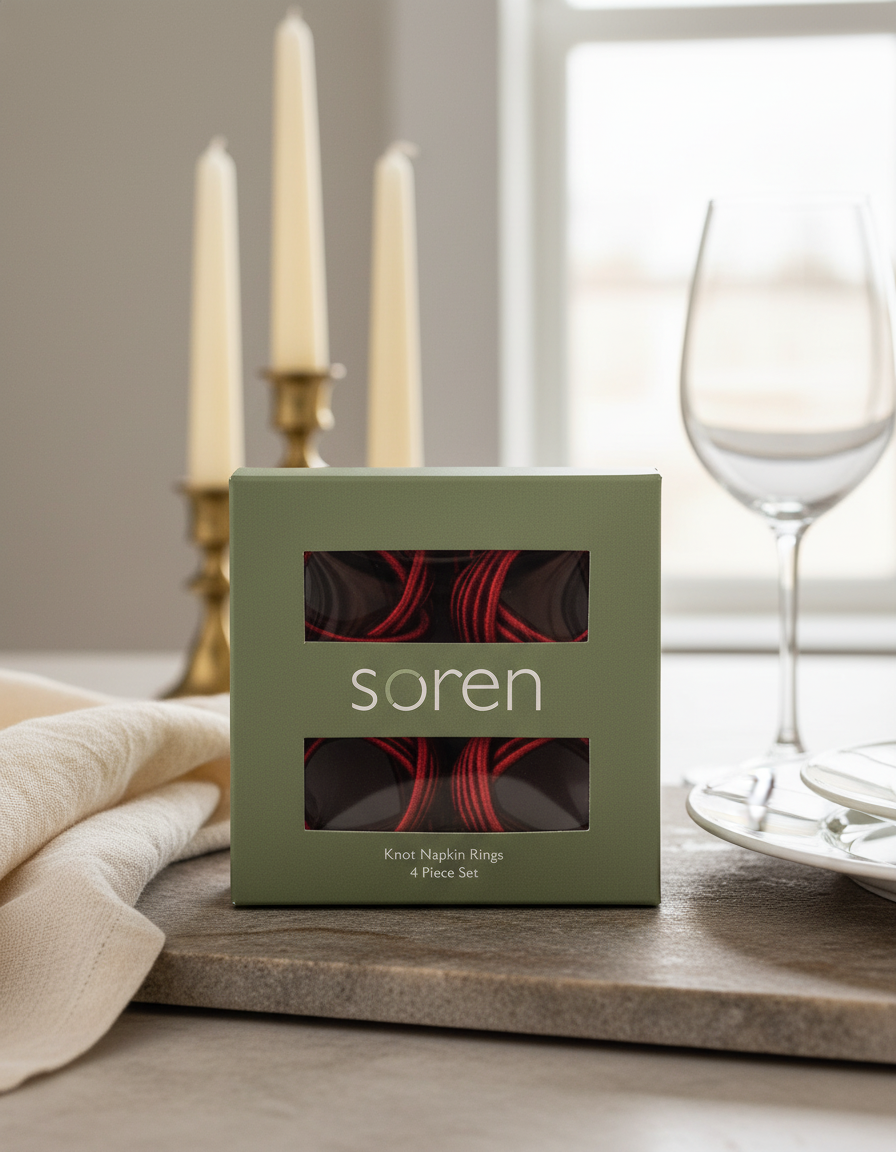A green Soren box containing a four-piece set of Knot Napkin Rings sits on a table beside a folded napkin, gold candlesticks, a wine glass, and stacked plates.