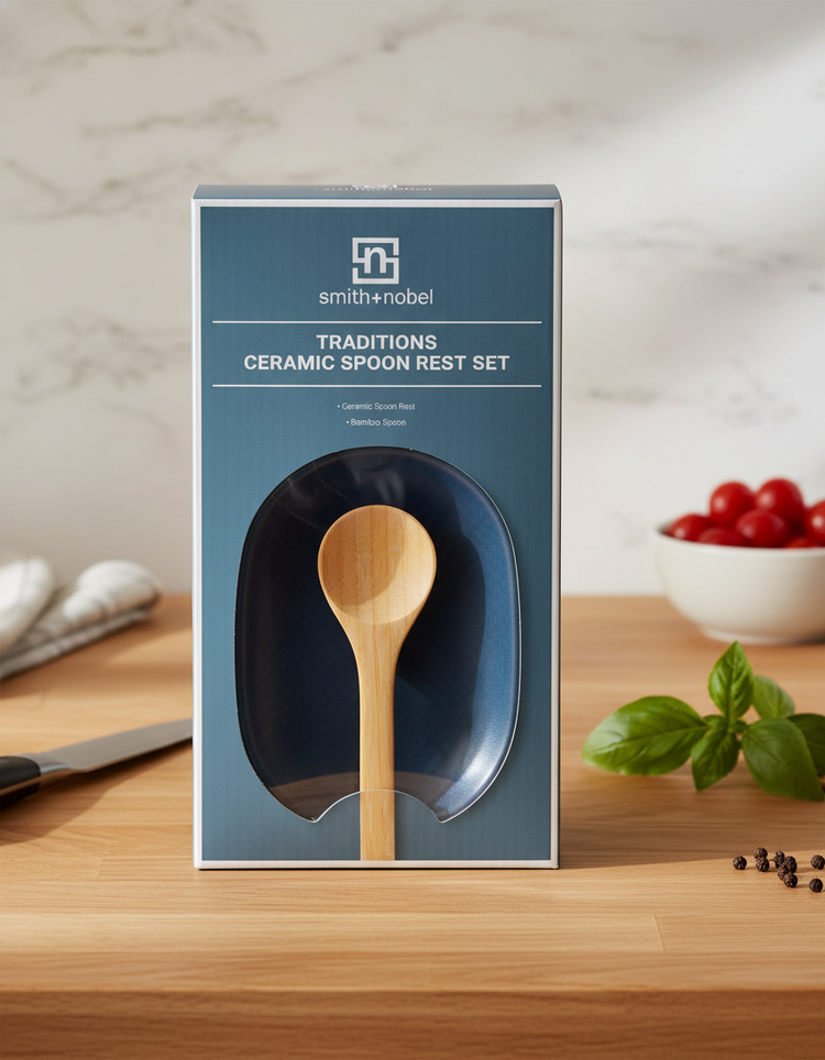 A Smith and Nobel Spoon Rest sits on a wooden countertop with a wooden spoon inside, surrounded by fresh basil, tomatoes, and a kitchen towel.