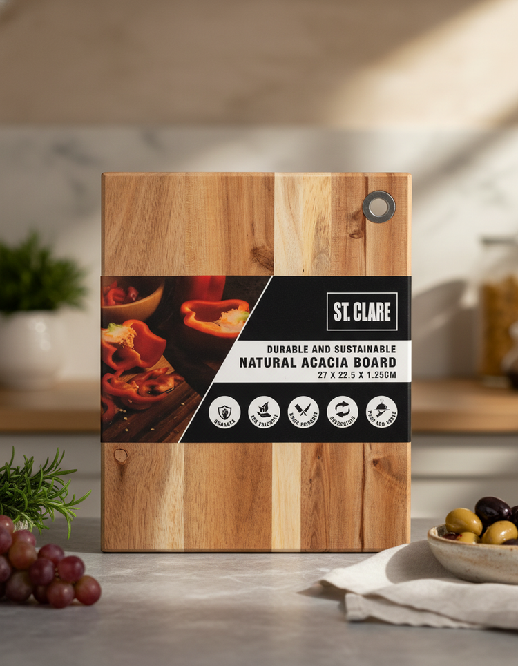 A Natural Acacia Board by St Claire stands upright on a kitchen counter, surrounded by grapes, herbs, and olives, with a blurred background of kitchen items.