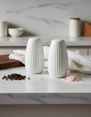Salt & Pepper’s Grind White salt and pepper shakers sit on a marble countertop, with black peppercorns and pink salt in front. Kitchen items and a folded white towel are visible in the background.