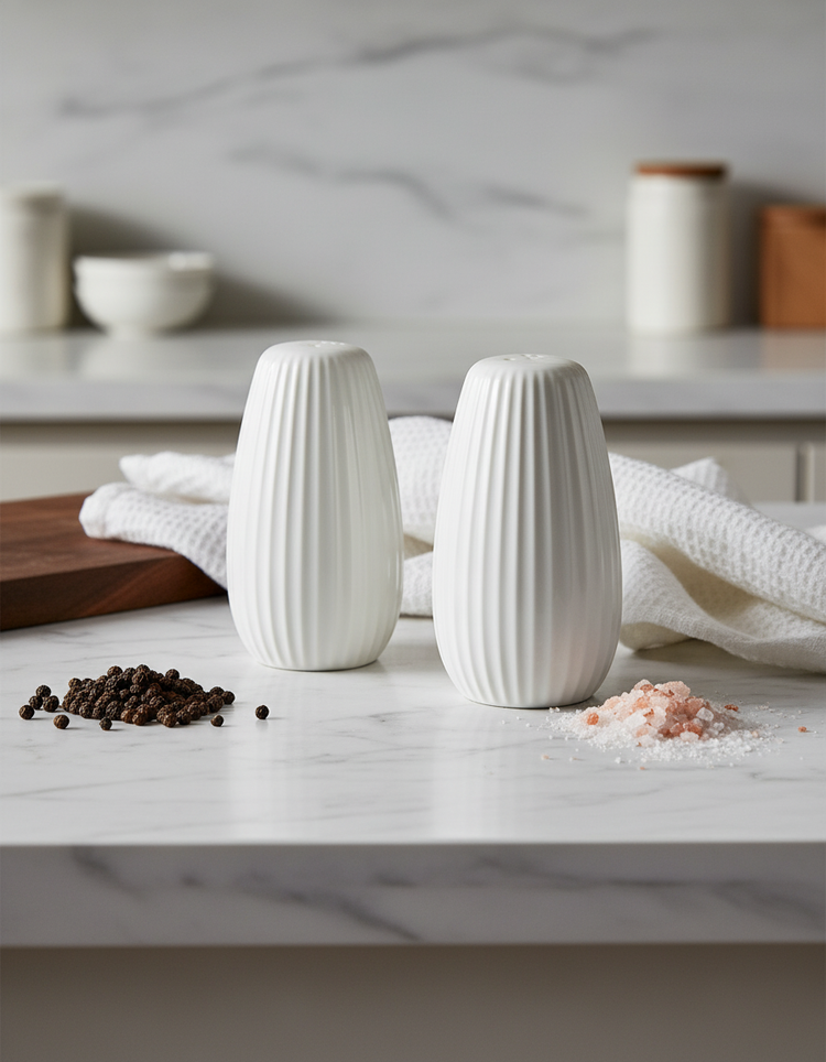 Salt & Pepper’s Grind White salt and pepper shakers sit on a marble countertop, with black peppercorns and pink salt in front. Kitchen items and a folded white towel are visible in the background.