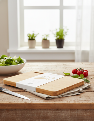 The Maxwell and Williams Evergreen Tri-Ply Bamboo Board sits on a kitchen table with a knife, cherry tomatoes, basil leaves, lettuce in a bowl, and potted herbs visible on the windowsill in the background.