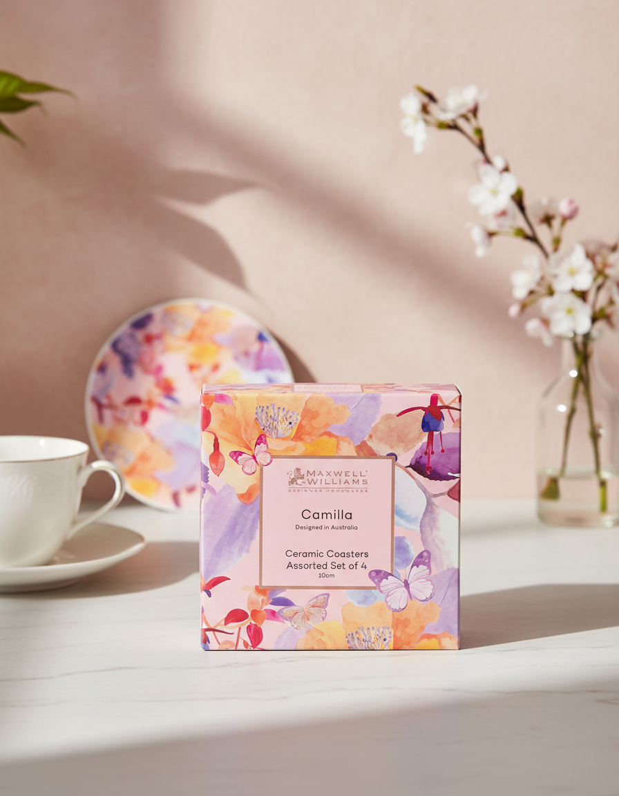 The Camilla Ceramic Coasters by Maxwell and Williams, featuring a vibrant floral and butterfly design, are displayed on a white table with a matching plate, white teacup, and a vase of white blossoms in the background.