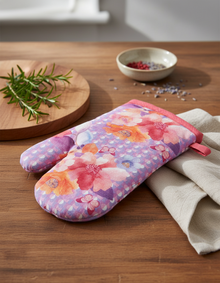 The Maxwell and Williams Camilla Oven Glove, featuring a vibrant floral design, sits on a wooden table next to a beige cloth, rosemary sprig, and a bowl of colorful spices.