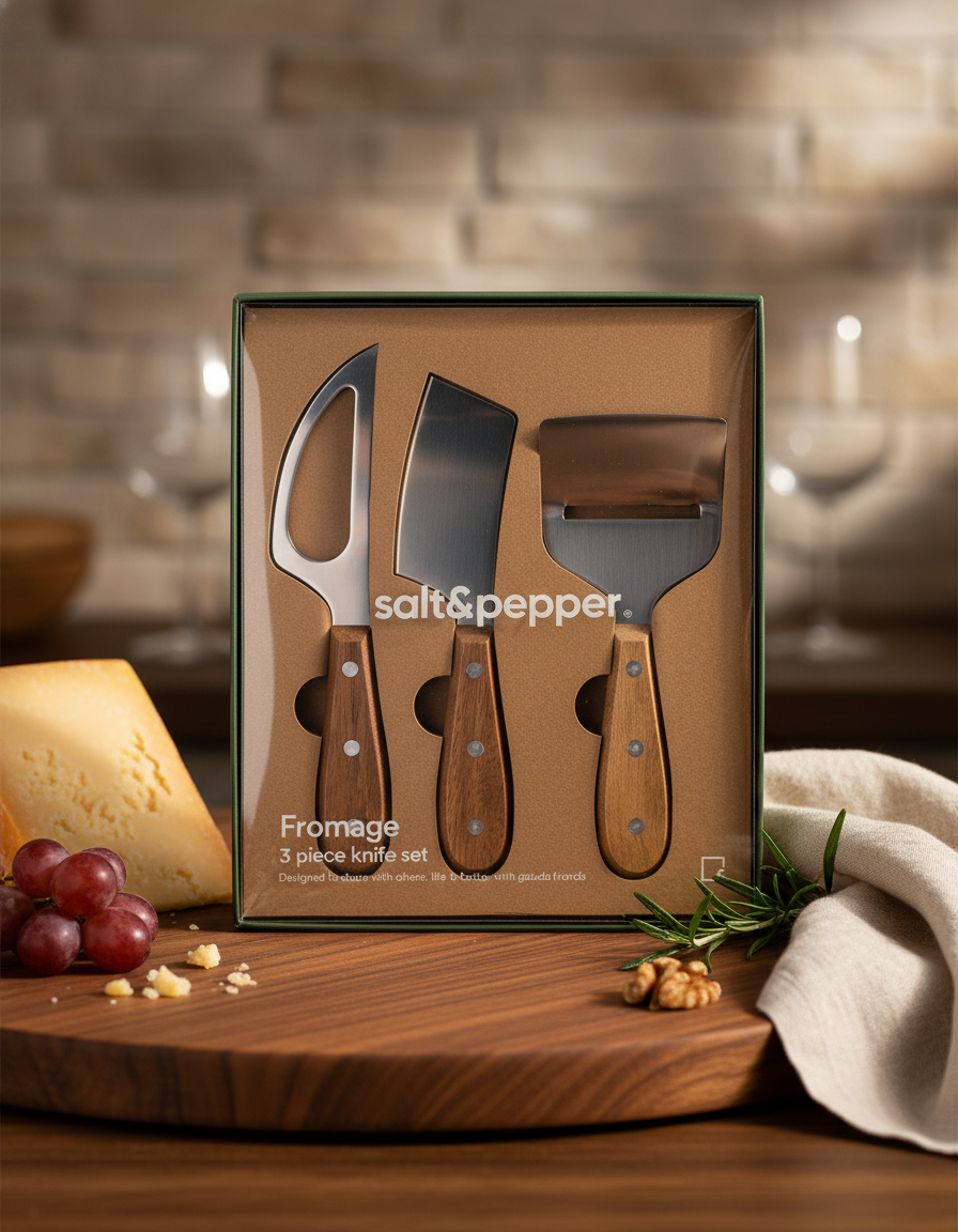 The Fromage Knife Set by Salt & Pepper features three cheese knives with wooden handles, displayed with cheese, grapes, nuts, and rosemary on a table in a softly blurred kitchen backdrop.