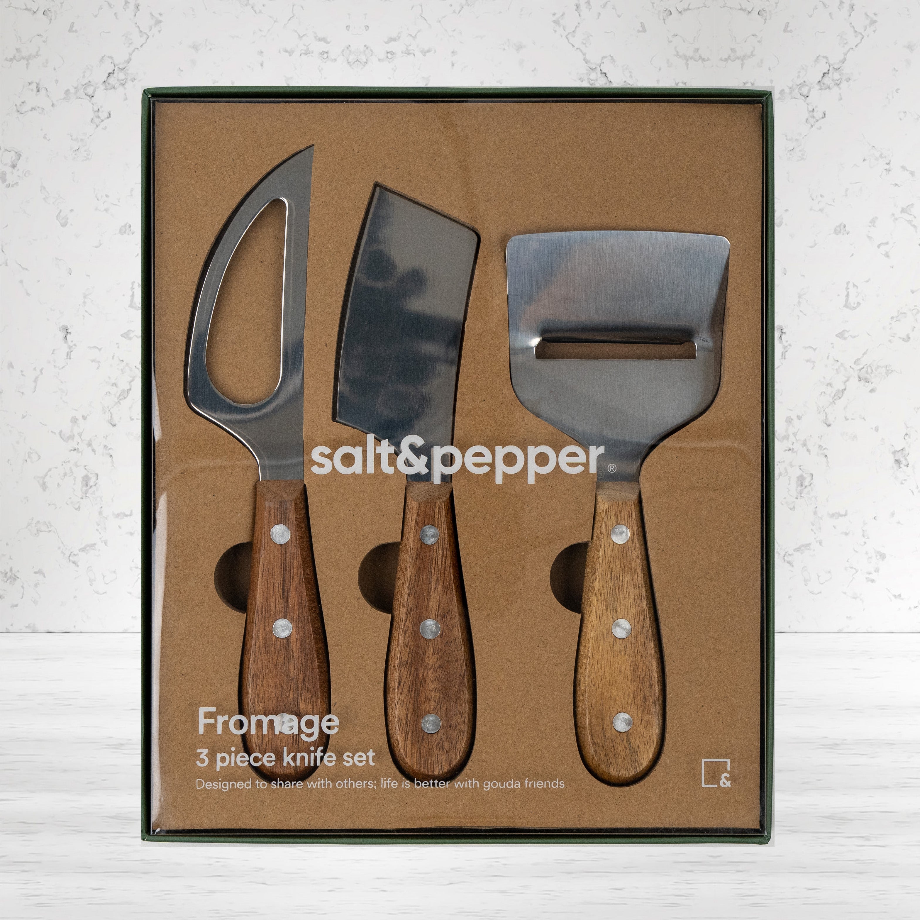 Elevate your dining with our Fromage Knife Set, ideal for cheese lovers! Includes cheese knives and a salt and pepper set.