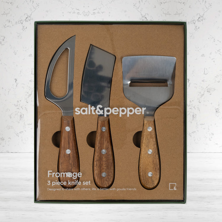 Elevate your dining with our Fromage Knife Set, ideal for cheese lovers! Includes cheese knives and a salt and pepper set.