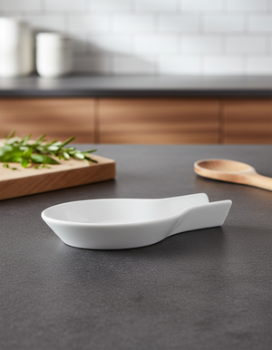 The Maxwell and Williams Epicurious Spoon Rest sits on a dark kitchen countertop, accompanied by a wooden spoon, a cutting board with herbs, and white containers in the background.