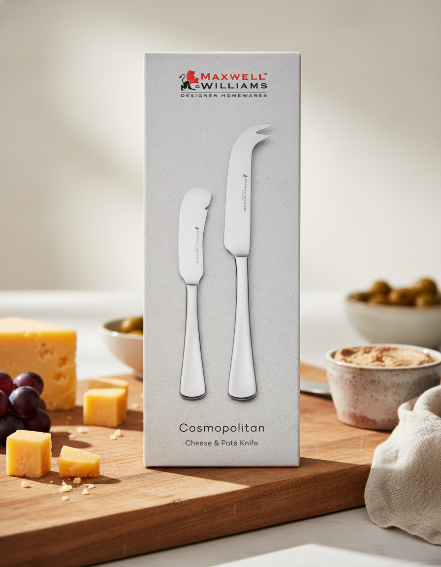 A Maxwell and Williams Cosmopolitan Cheese and Pate Knife is displayed upright on a wooden board, surrounded by cheese cubes, grapes, a bowl of olives, and a small bowl of dip.