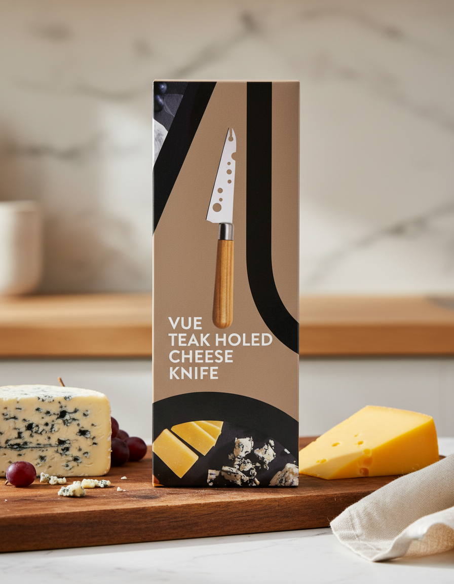 A Vue Entertaining Cheese Knife in its box stands on a wooden counter beside blue and yellow cheese, grapes, and a knife, with a blurred kitchen background.