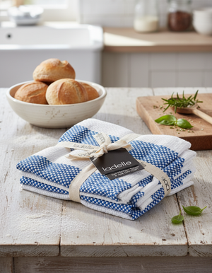 A bundle of Ladelle Kitchen Towels in blue and white, tied with twine, rests on a rustic table with rolls, herbs, and kitchen tools in a bright kitchen setting.