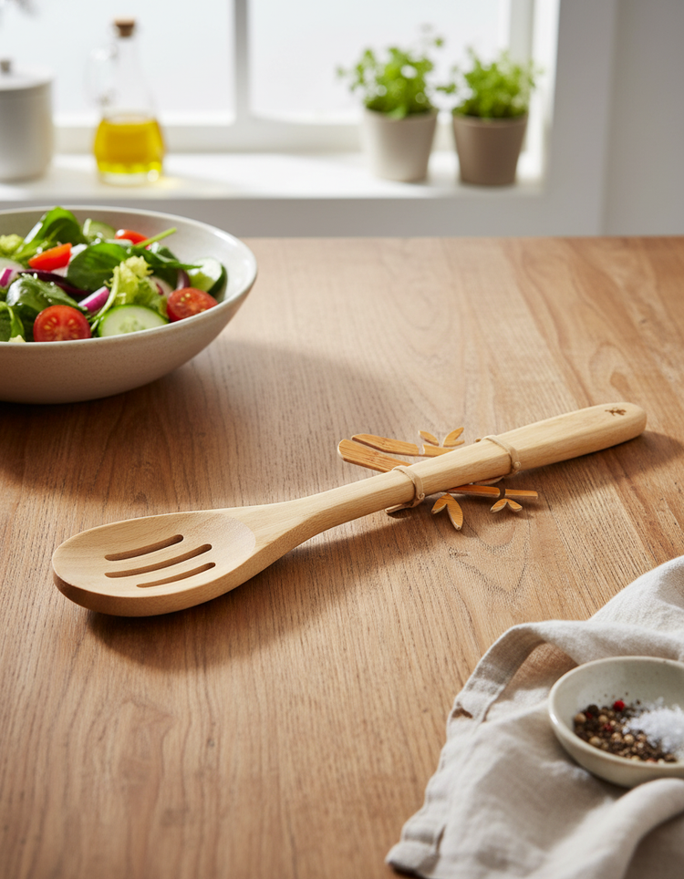 The Maxwell and Williams Evergreen Bamboo Slotted Spoon with a decorative holder sits on a wooden kitchen table near a salad bowl, pepper bowl, cloth napkin, and potted plants by a sunlit window.