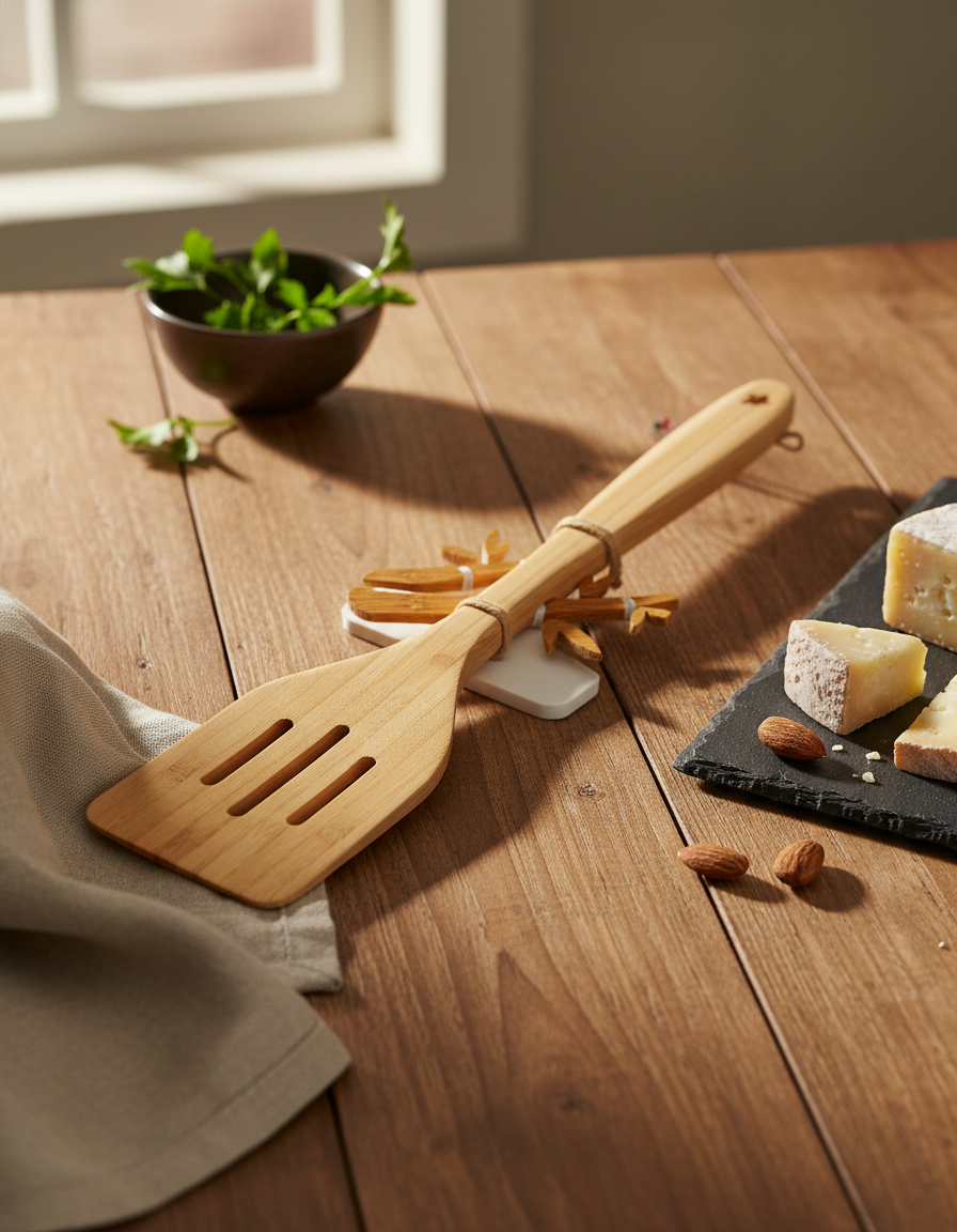 The Maxwell and Williams Evergreen Bamboo Slotted Turner rests on a wooden table beside a gray cloth, fresh herbs in a bowl, cheeses on a slate board, and scattered almonds as sunlight streams through the window.