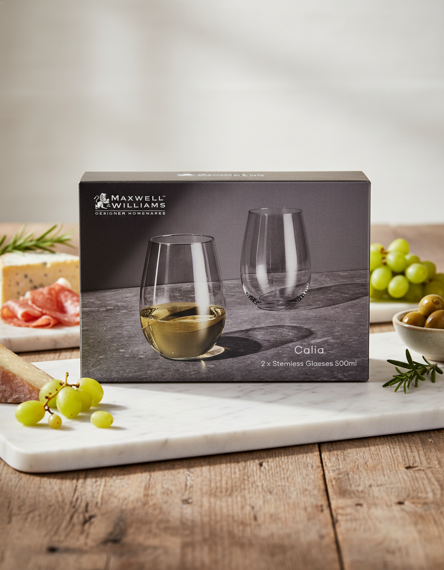 A box of Maxwell and Williams Calia Stemless Glasses sits on a marble board, surrounded by green grapes, cheese, olives, cured meats, and rosemary. One glass is filled with white wine.