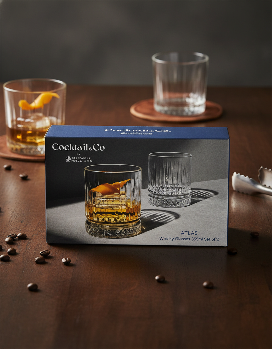 A box of Maxwell and Williams Atlas Whiskey Glasses sits on a table, surrounded by two filled glasses, one empty glass, scattered coffee beans, and metal tongs; the box features an image of the glass with a drink and orange twist.